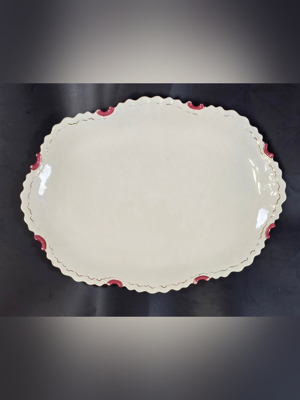 Antique Scalloped Edge Oval Ceramic Porcelain Serving Platter Cream & Pink Mauve